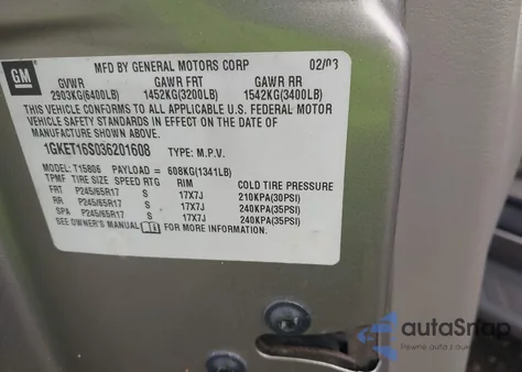 2003 GMC Envoy Xl Sle from USA, damaged, VIN 1GKET16S036201608